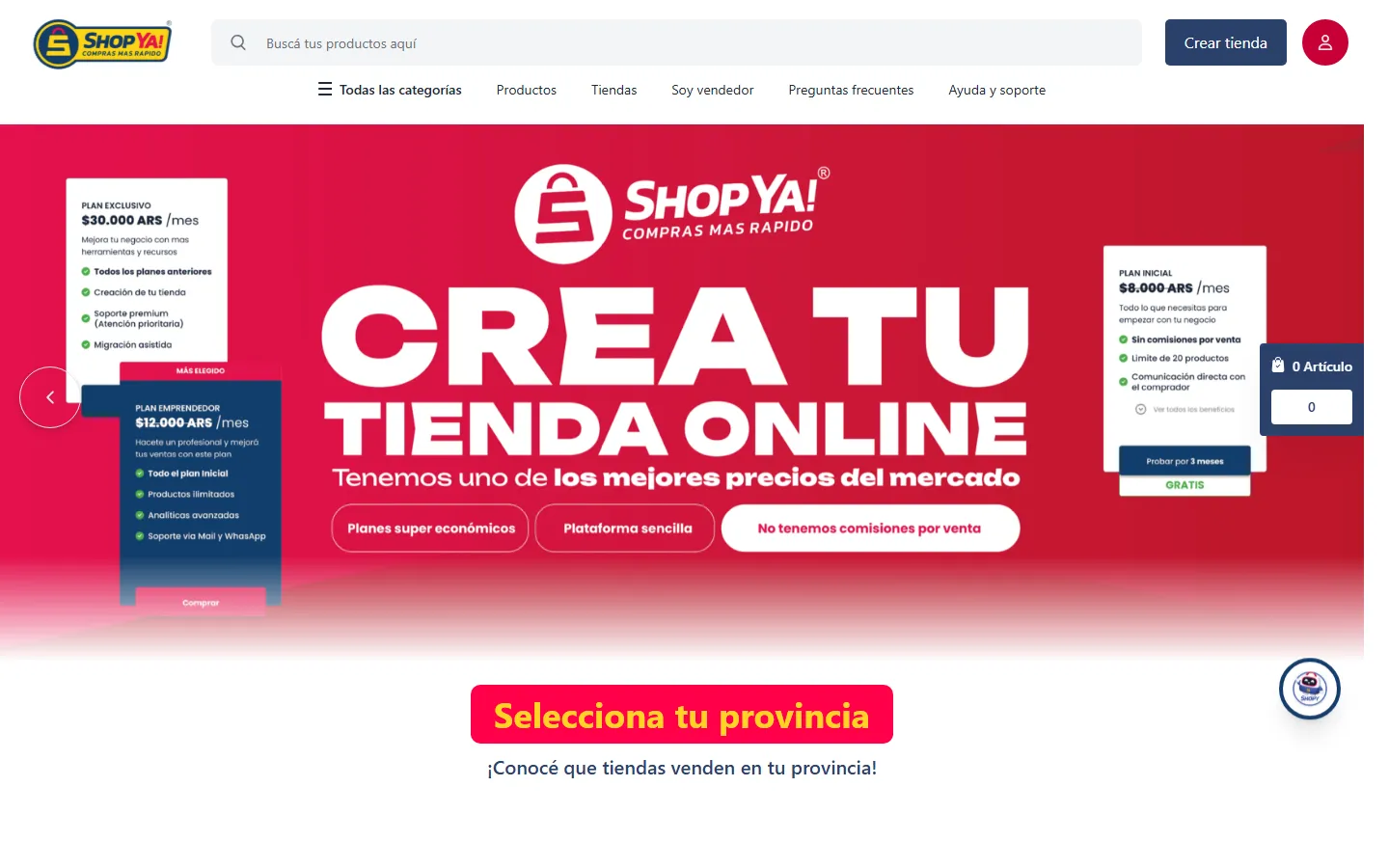 Página de inicio de ShopYA con el anuncio "Crea tu tienda online" y sus planes