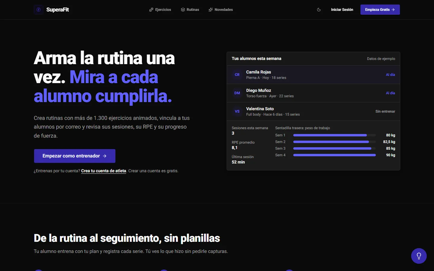 Página de inicio de SuperaFit con el titular "Arma la rutina una vez" y un panel de alumnos de ejemplo